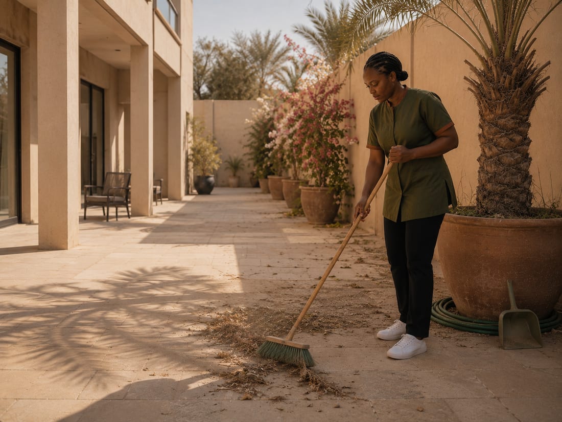 عاملة منزلية تكنس فناء فيلا مبلّط بجانب أشجار نخيل في أصص