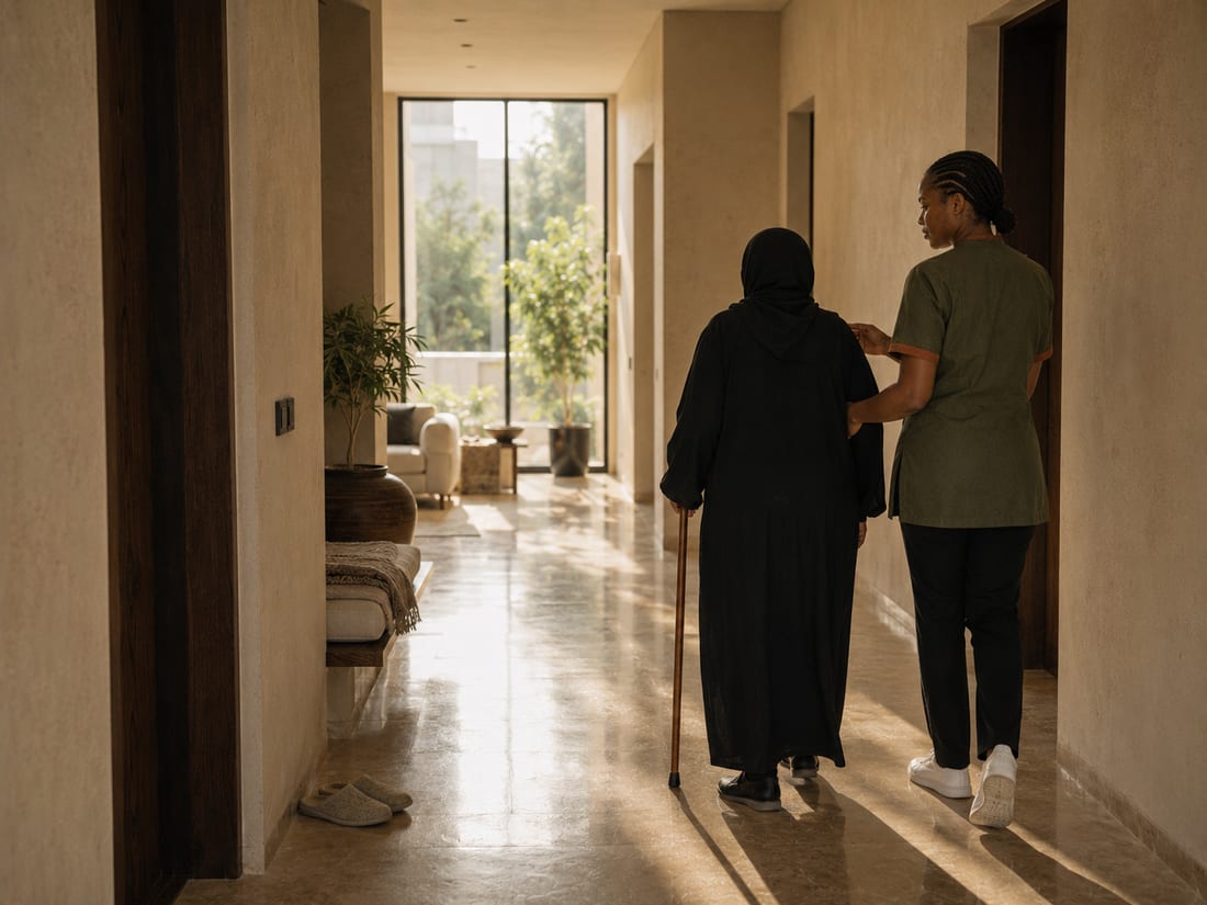 مقدّمة رعاية تساند سيدة مسنّة أثناء سيرها في الممر